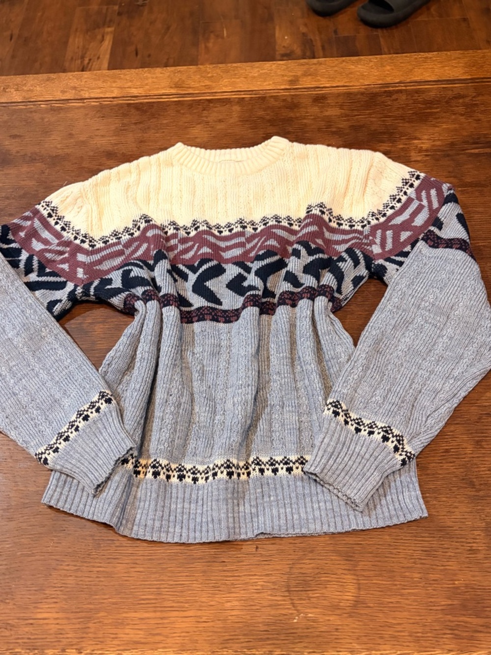 Cozy Colorblock Fair Isle Crewneck Sweater in Cream, Gray & Mauve